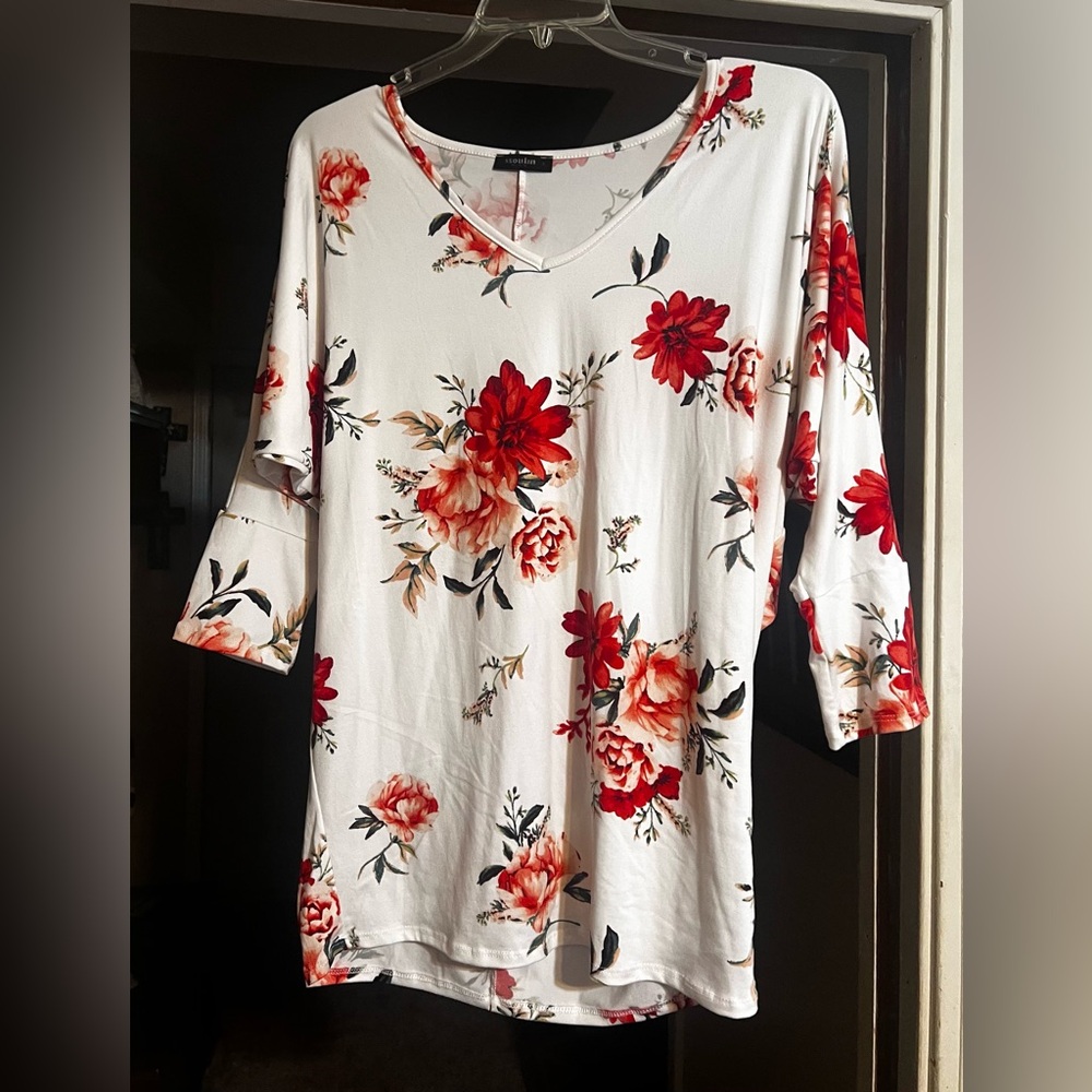 Off White w/ Coral, Rust, Cream Flowers  w/ 3/4 Sleeve Top
Poly/Spandex
